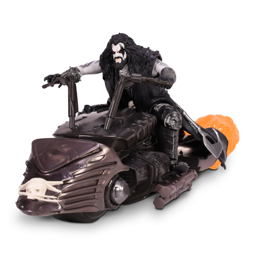 Gothic action figure with long black hair and white face paint riding a dark motorcycle