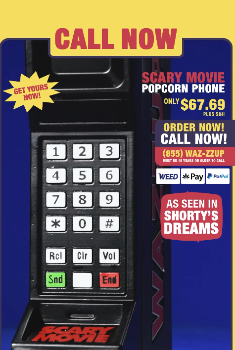 Screenshot 20260603 112957 Fantasy Land News Close up of a keypad on a promotional poster with a bright yellow CALL NOW banner and SCARY MOVIE popcorn phone ad text colorful layout