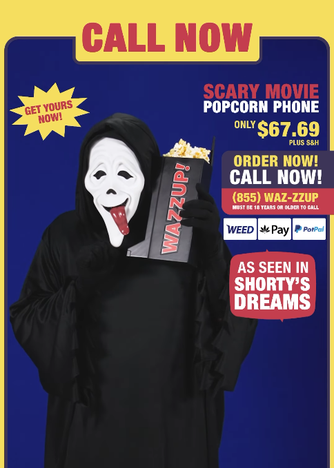 Screenshot 20260603 113007 Fantasy Land News Promotional horror themed ad with a cloaked figure wearing a white mask holding a popcorn box reading WAZZUP against a blue background with bold CALL NOW text and pricing
