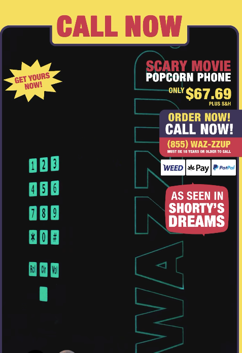 Screenshot 20260603 113014 Fantasy Land News Poster style ad for a scary movie bold CALL NOW banner neon payphone outline promo stamps and AS SEEN IN SHORTYS DREAMS message