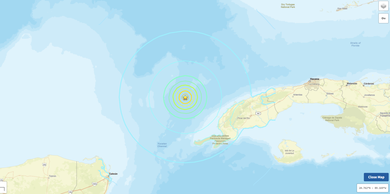 Screenshot 20260608 143306 Fantasy Land News Map showing offshore earthquake epicenter west of Cuba with concentric color coded danger rings radiating outward toward the Gulf of Mexico and Caribbean Sea