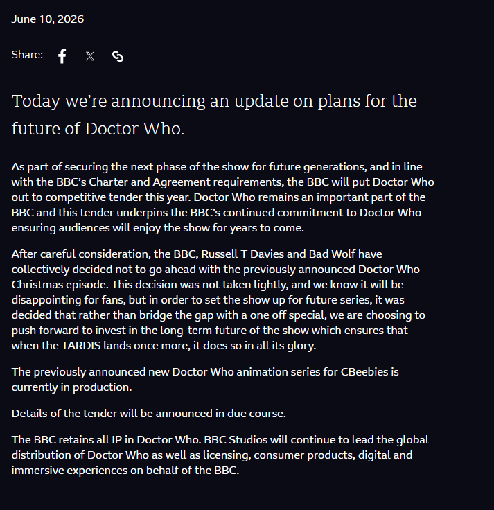 Screenshot 20260610 082134 Fantasy Land News News page dated June 10 2026 announcing an update on the future of Doctor Who and outlining production plans