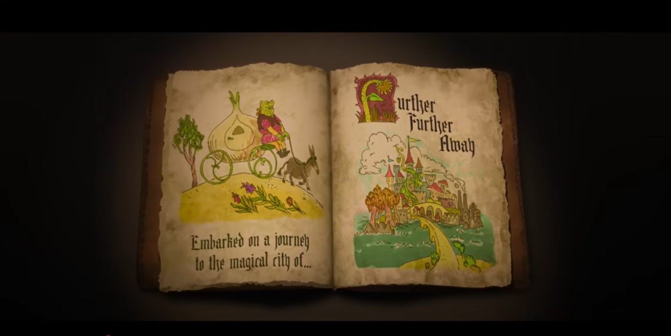 Screenshot 20260616 114617 Fantasy Land News Open aged illustrated book spread left page shows a rider on a leafy vegetable cart caption Embarked on a journey to the magical city of right page features a distant city and Further Further Away text