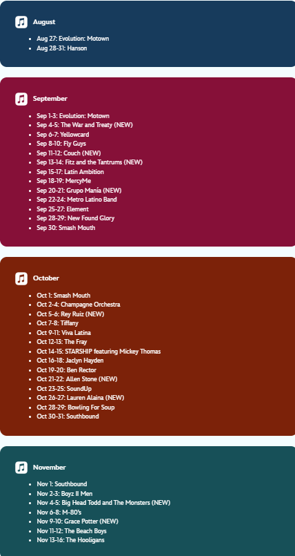 Screenshot 20260617 101242 Fantasy Land News Colored stacked schedule showing monthly events AugustNovember in rounded panels with bullet lists and some NEW entries