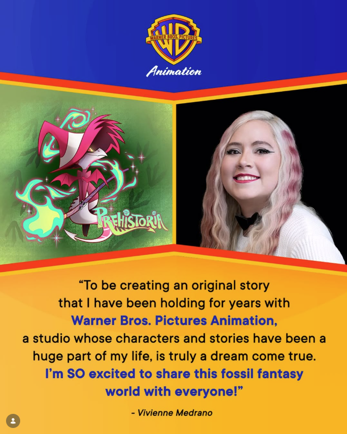 Screenshot 20260622 085701 Fantasy Land News Promotional Warner Bros Animation poster with green fantasy art on left and a smiling woman on right plus a quote about creating an original fossil fantasy world