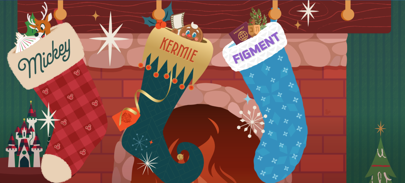 Screenshot 20260623 110055 Fantasy Land News Three Christmas stockings hang over a brick fireplace labeled Mickey KERME and FIGMENT with festive decorations nearby