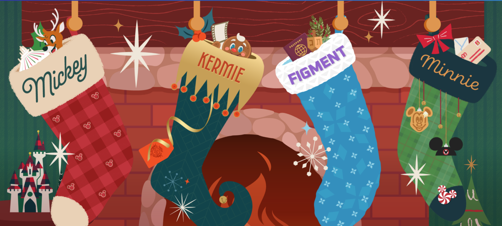 Screenshot 20260623 130548 Fantasy Land News Four Christmas stockings labeled Mickey KERMIE FIGMENT and Minnie hang over a brick fireplace with presents peeking out and festive decorations nearby