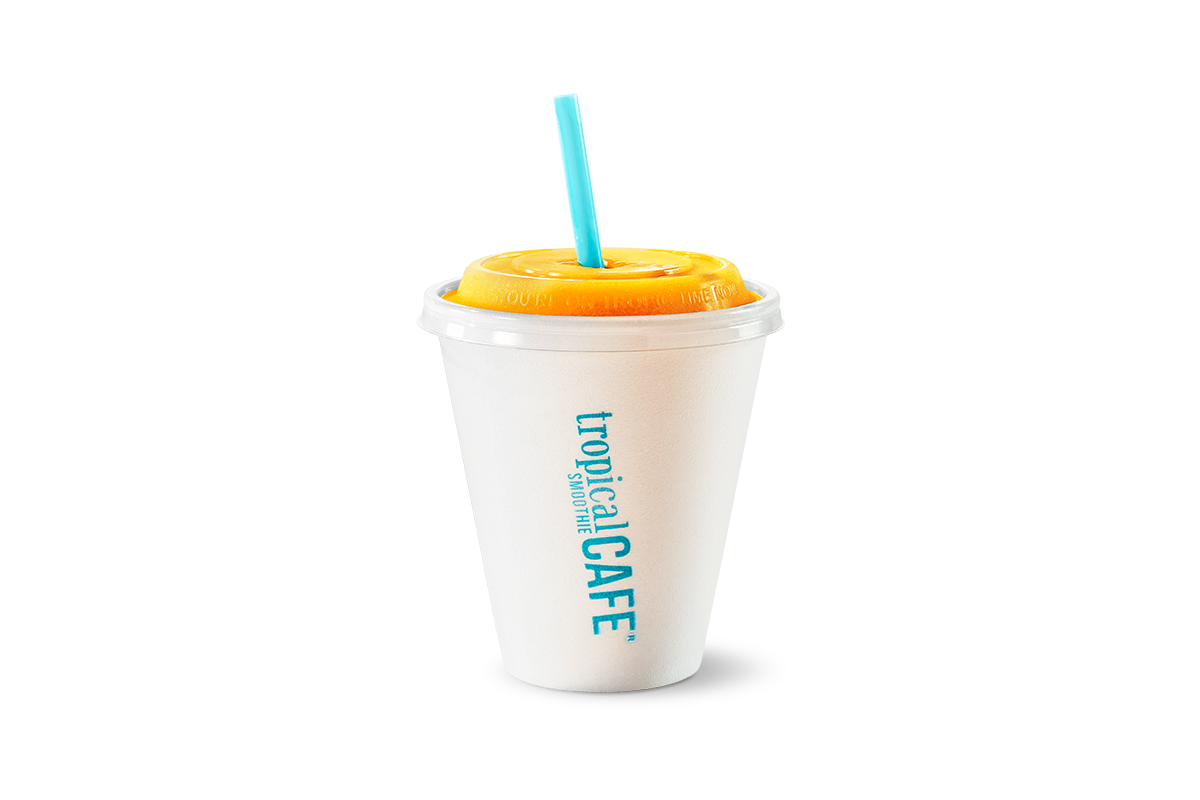 TSC26SHOT09HFYMSmoothie12ozStryoHeroAngleOLO1200x800v2 Fantasy Land News White disposable smoothie cup with orange lid and blue straw TropiCafe branding along the side