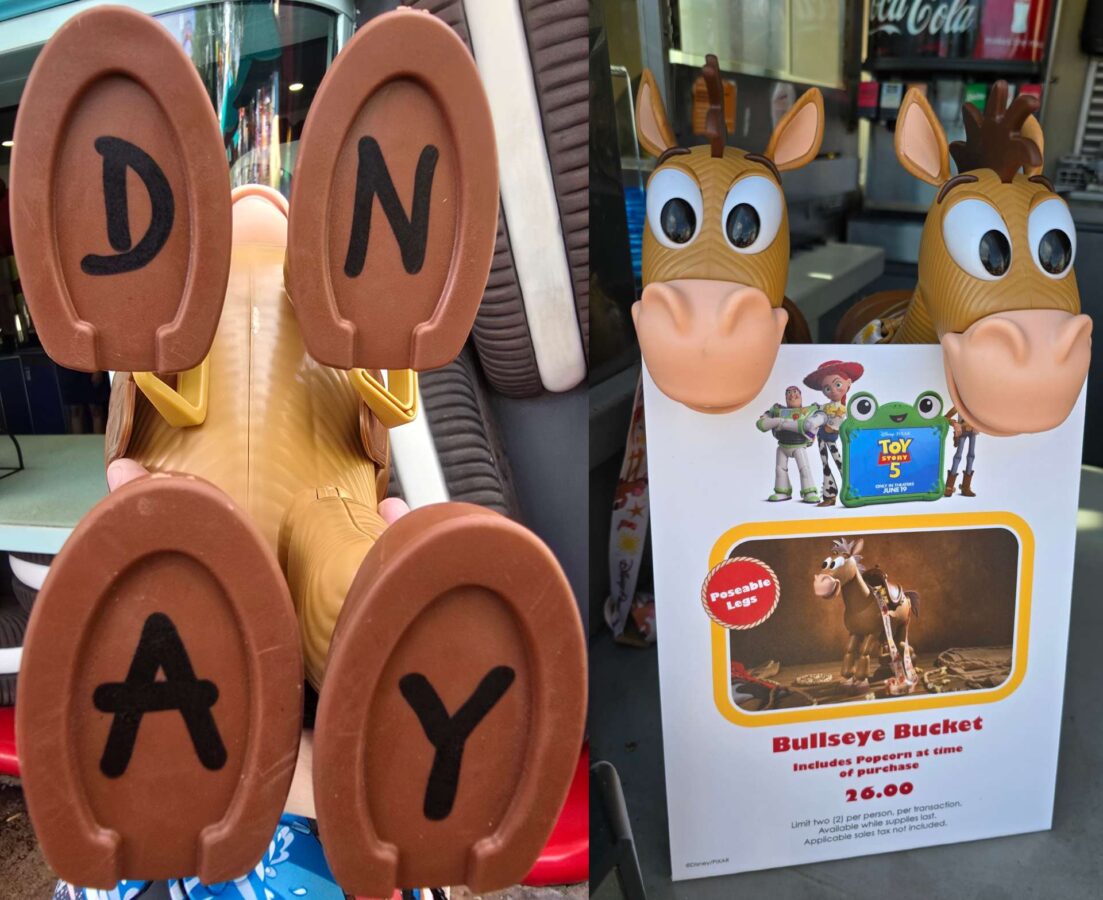 Collage of a store display brown animal slippers with lettered soles on left and cartoon horse figures with a Toy Story poster on the right