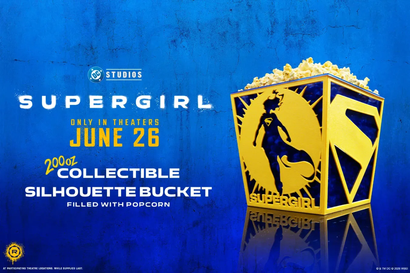 collectiblesupergirlbucket Fantasy Land News Blue Supergirl movie poster featuring a large gold popcorn bucket on the right and bold release text