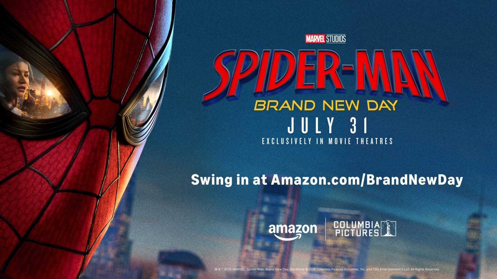 heroamazoncolumbiaamazonnewscdlt0528262000x1125 Fantasy Land News Close up of Spider Mans red masked face on the left with a blue poster background and the title Spider Man Brand New Day on the right