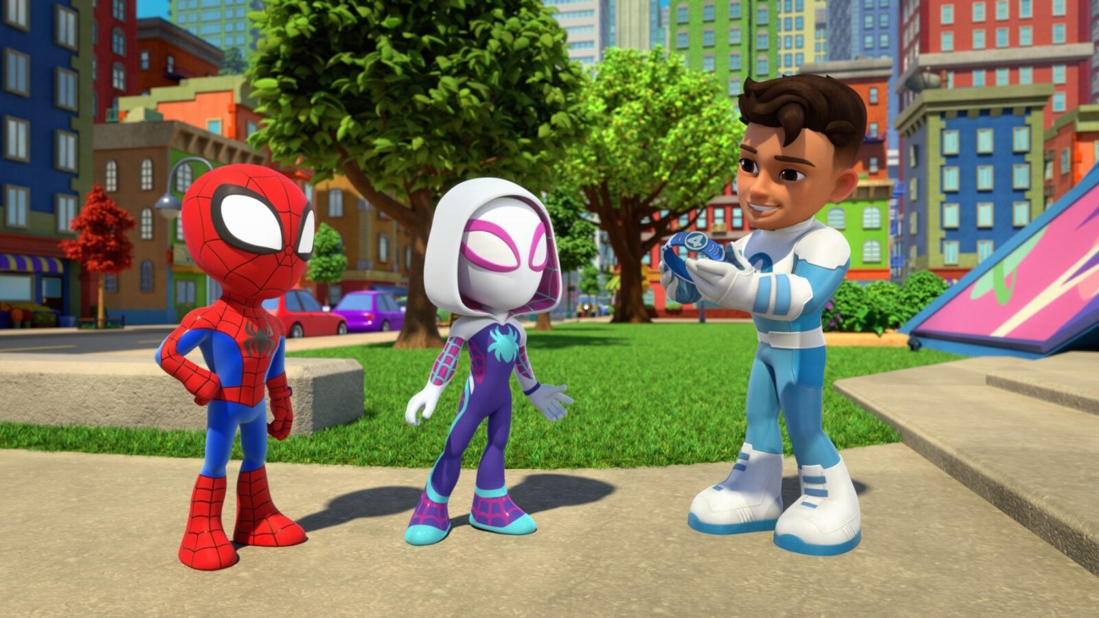 Three cartoon superheroes in a sunny colorful city park inspecting a gadget together