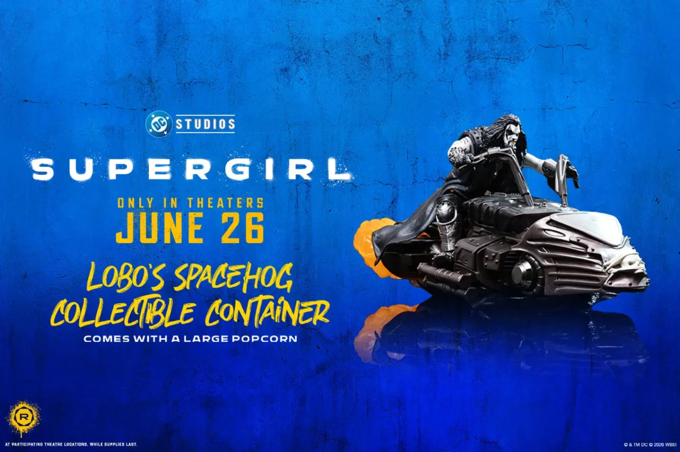 loboscollectiblecontainer Fantasy Land News DC Studios Supergirl poster blue textured background hero on a futuristic bike bold yellow text June 26 and Lobos Spacehog Collectible Container