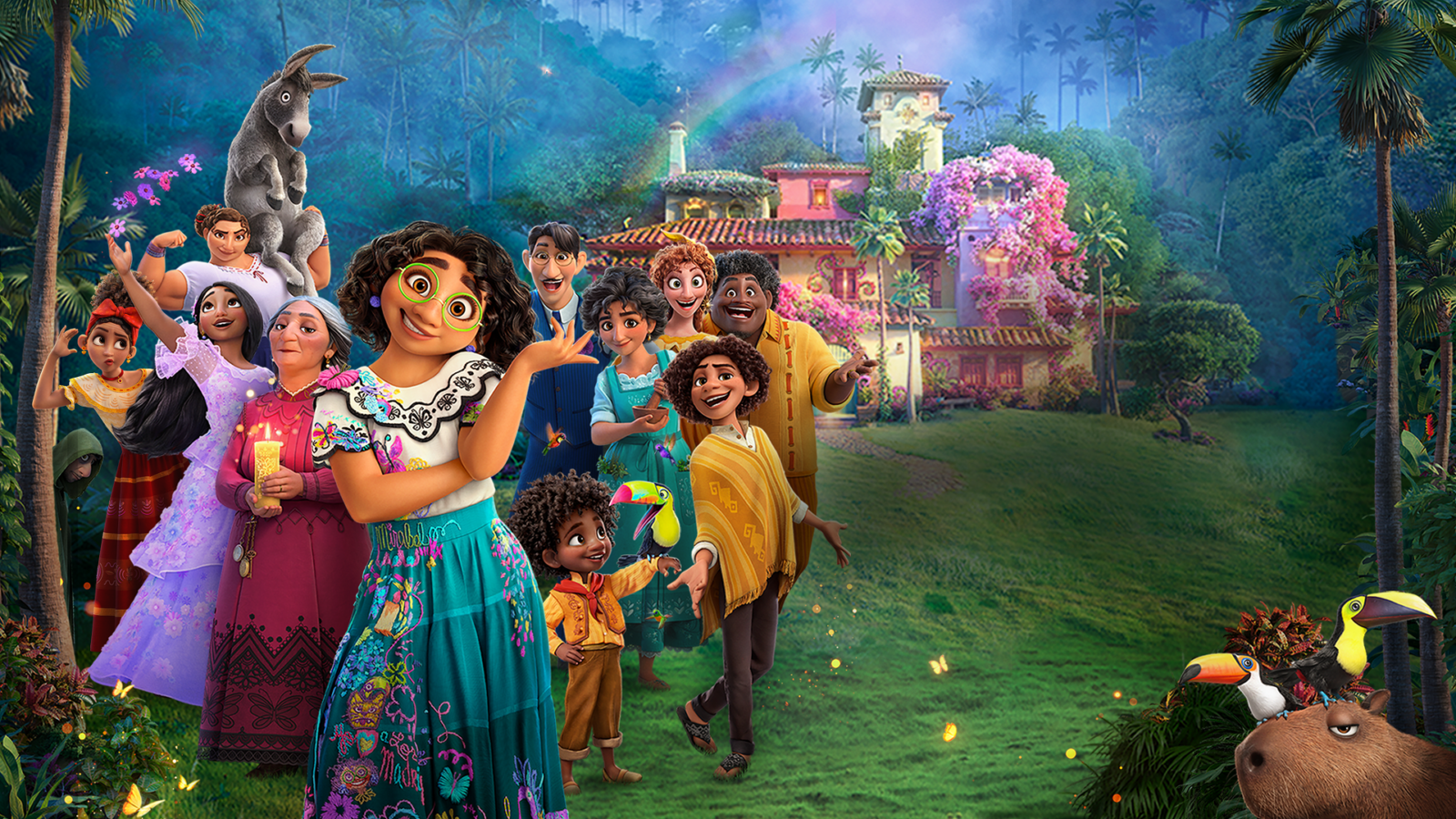A cheerful diverse group in colorful clothes poses in a lush jungle village with a rainbow over pastel houses and tropical plants