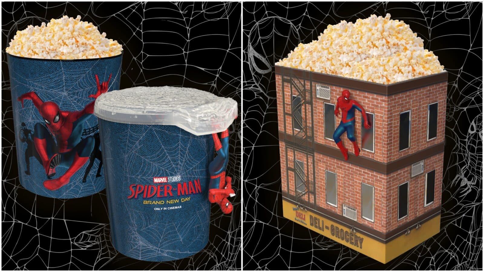 Two panels left panel shows Spider Man popcorn cups overflowing with popcorn against a webbed black background right panel shows a brick building topped with popcorn and Spider Man hanging from the fire escape