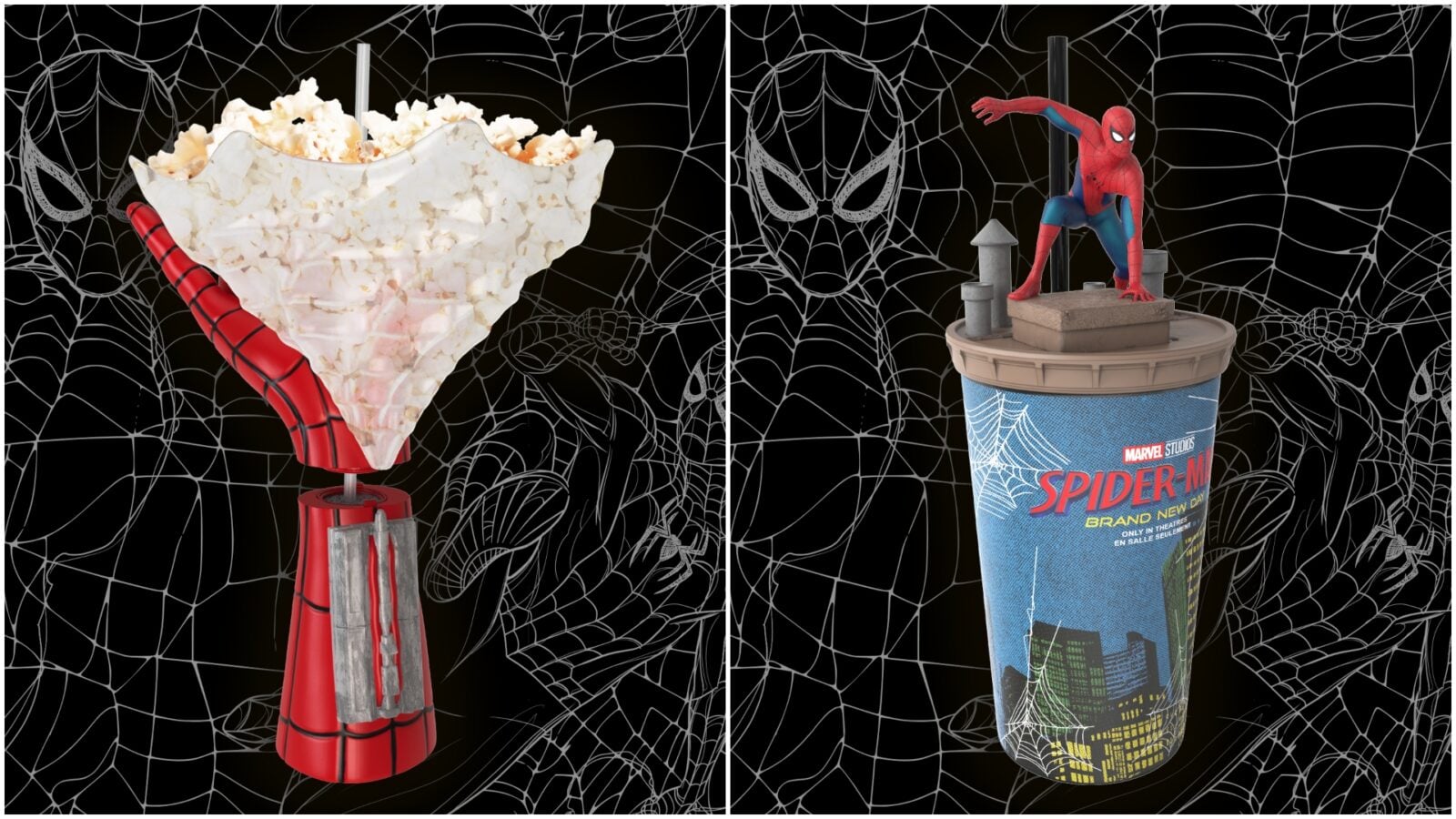 Two panel Spider Man themed image left panel shows a red robotic arm holding a popcorn bucket right panel features a Spider Man figure on a branded cup against a spider web background