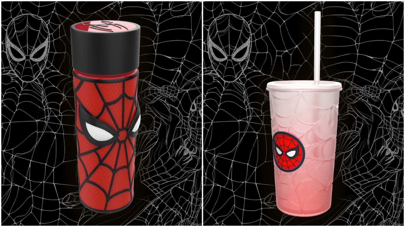 Two Spider Man themed tumblers side by side left red with web pattern and black cap right pink with straw and Spider emblem against a web background