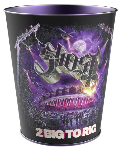 Purple cup featuring Ghost band artwork with a concert scene stage lights and metallic logo text