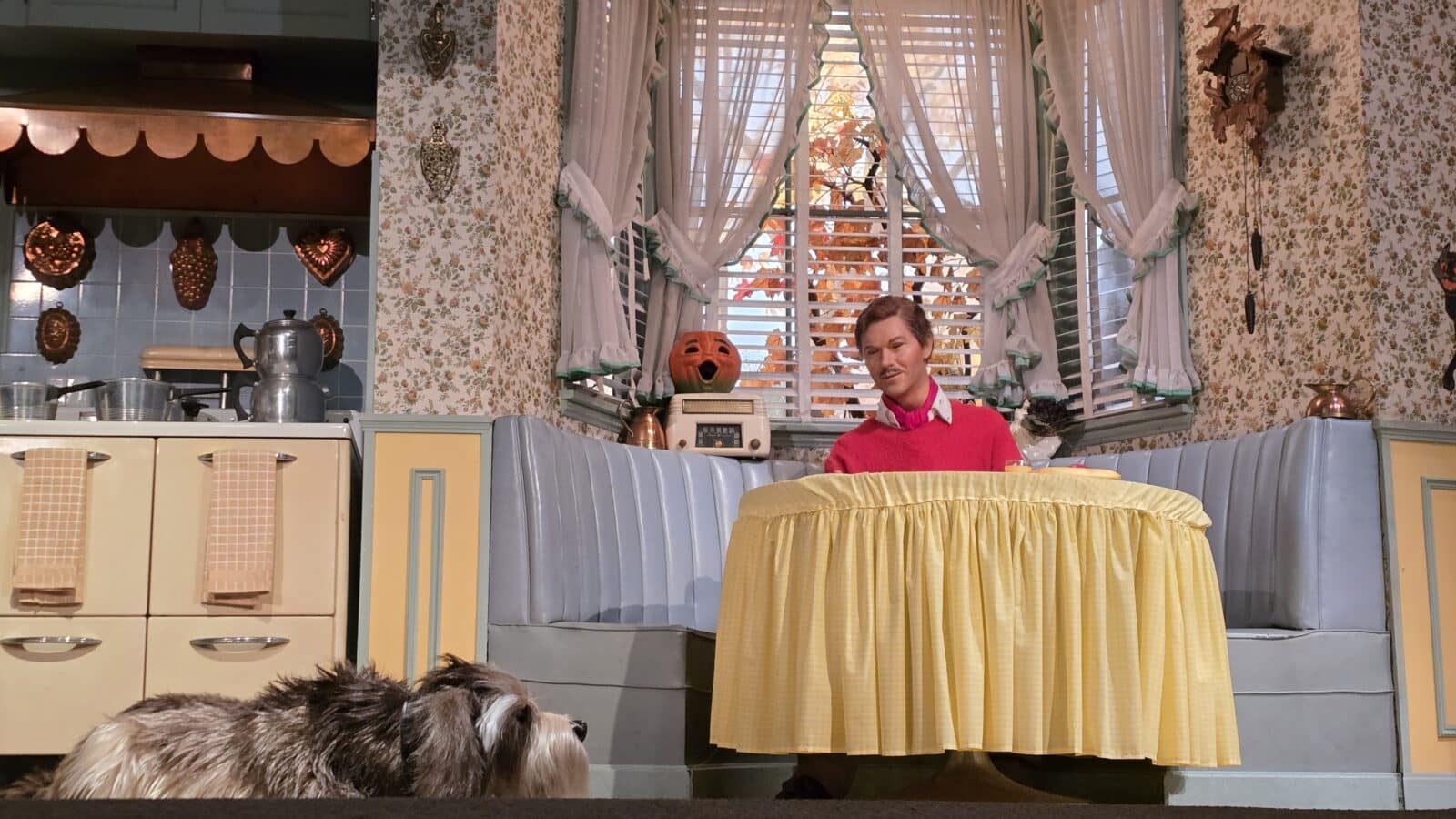 Man in a bright pink sweater sits at a yellow draped table in a vintage kitchen set with pumpkin decor and floral wallpaper A dogs head is in the foreground