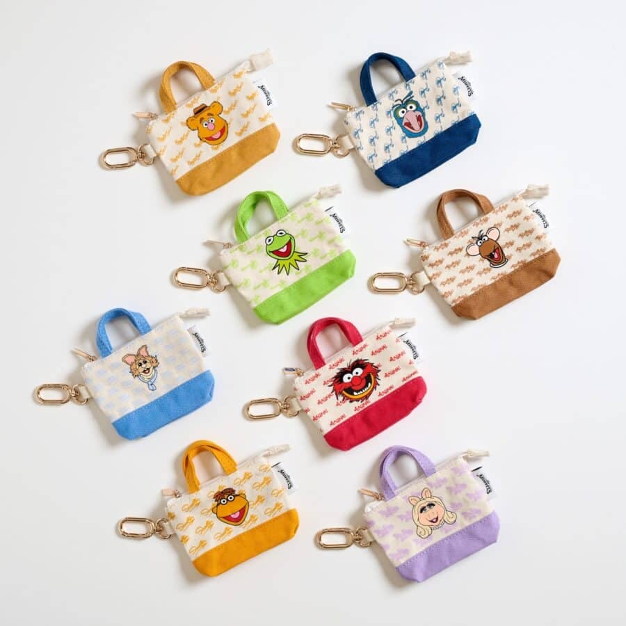Assorted small fabric zipper pouches with cartoon animalMuppet characters and colorful handles laid on a white background