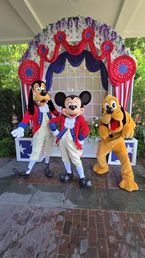 Mickey Mouse and Pluto in red white and blue outfits posing in front of a decorative floral arch stage show