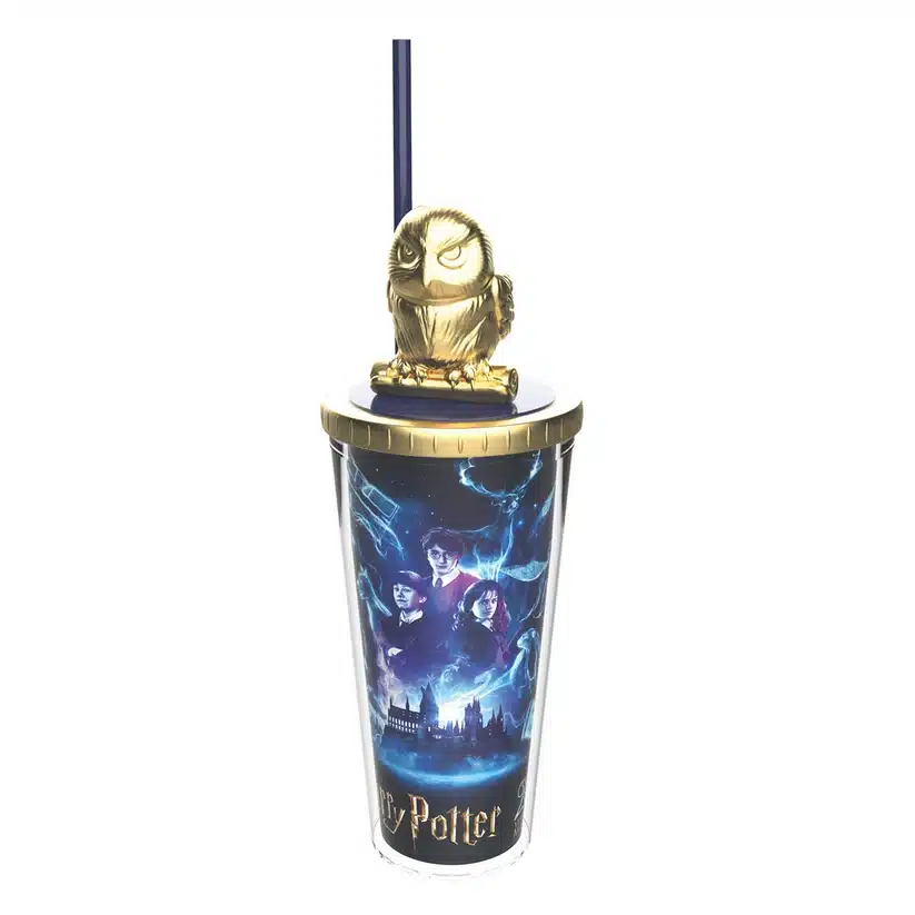 2tds2oAA Fantasy Land News Harry Potterthemed tumbler with a gold owl lid blue lightning artwork and Hogwarts skyline design
