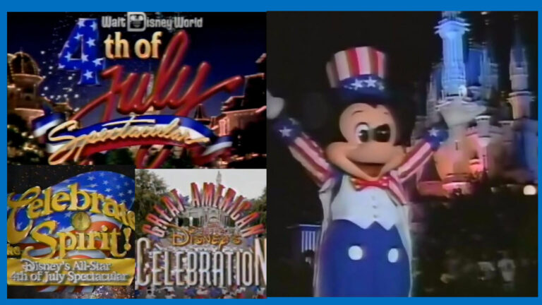 Collage of Disney 4th of July parade scenes with patriotic banners, Mickey in red‑white‑blue, and Uncle Sam hat.