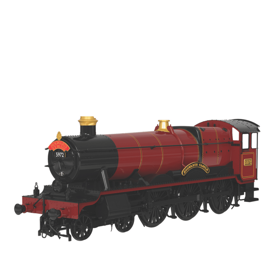 Red and black Hogwarts Express steam locomotive model with gold chimney caps number 5972 shown from the side profile
