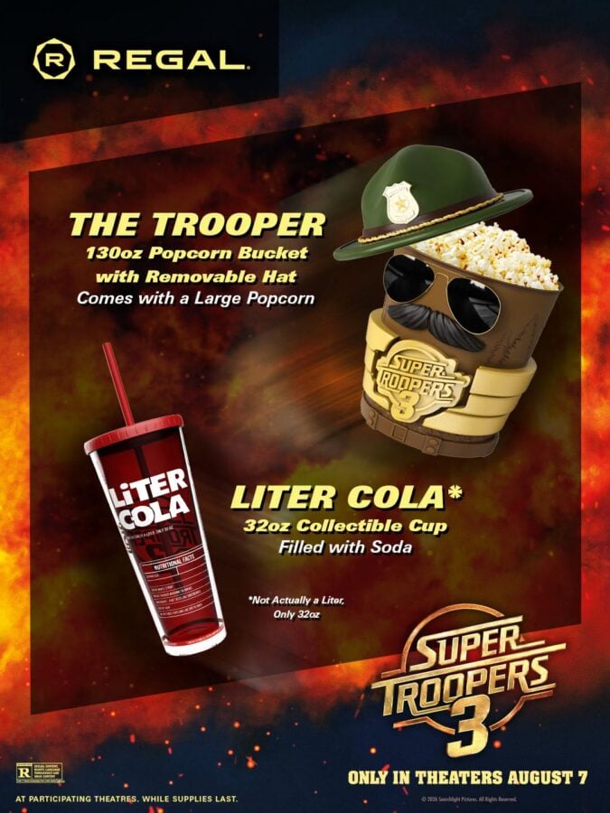 Promotional poster for Super Troopers 3 featuring a popcorn bucket character wearing a police hat and sunglasses with a large LITER COLA cup nearby