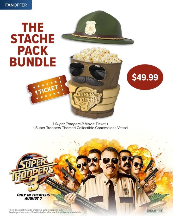 Promo image for The Stache Pack Bundle showing a police hat popcorn bucket with sunglasses a 1 TICKET card and a red 99 badge with the Super Troopers 3 poster below