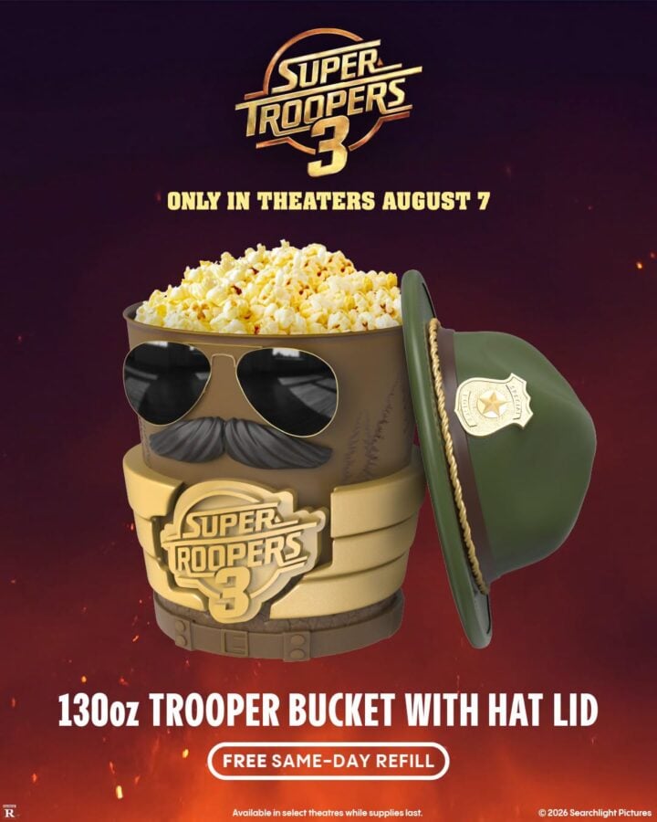 Popcorn bucket dressed as a cartoon trooper with sunglasses mustache and a green hat for Super Troopers 3 poster