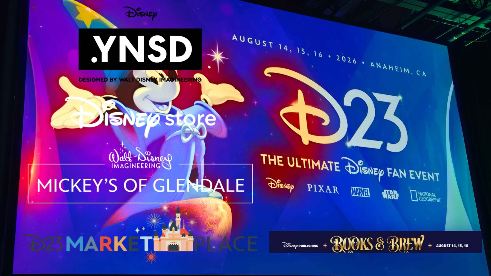 Colorful D23Disney event banner for D23 Ultimate Disney Fan Event with Mickeys of Glendale and Disney Store branding Anaheim 2026 dates