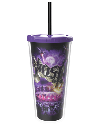 Travel tumbler with a purple lid and straw featuring a dark haunted stadium illustration under a full moon