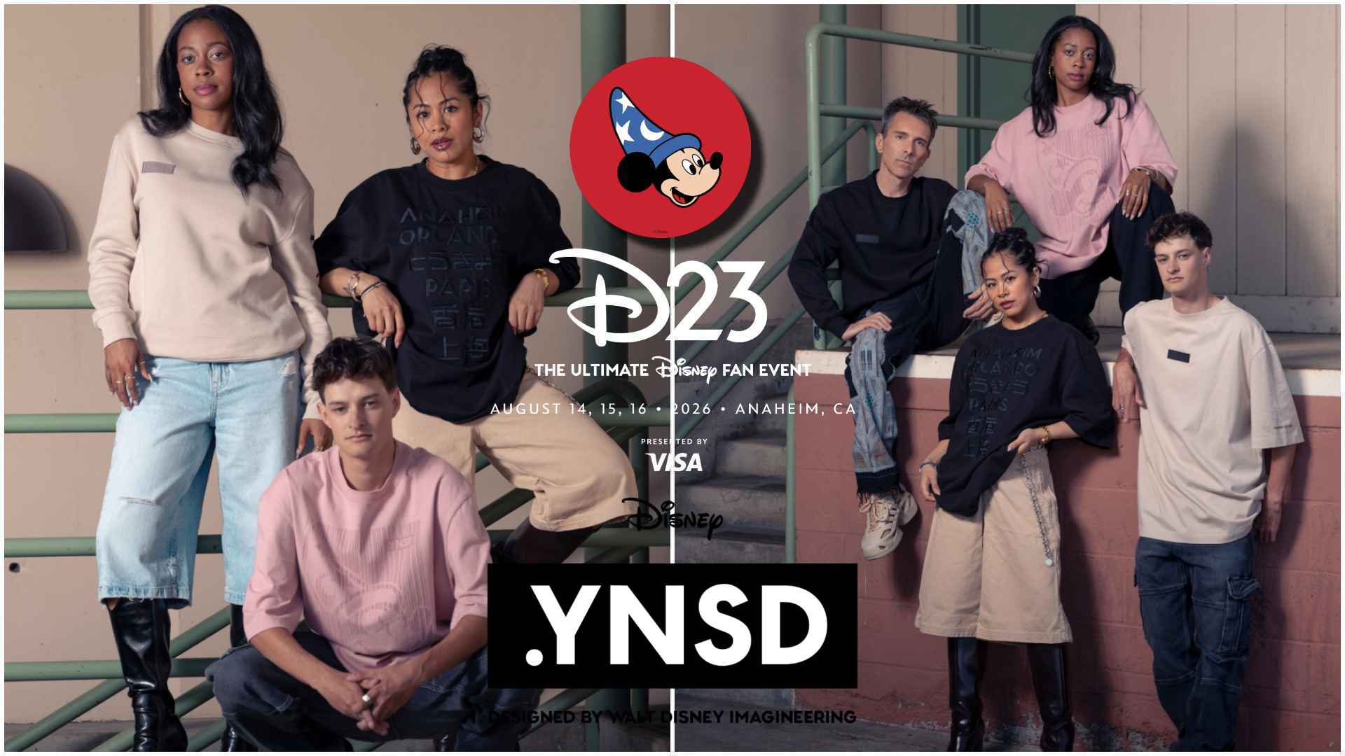 Group of diverse young adults posing on stairs for a D23 Disney fan event banner, featuring a red Mickey logo and large 'YNSD' text with Anaheim 2026 details.