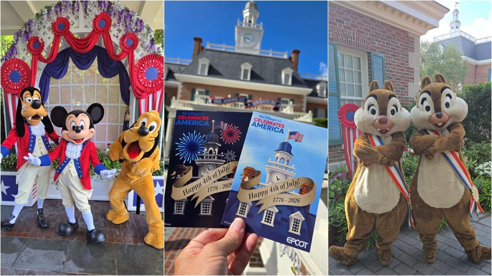 Mickey Pluto Goofy Meet Guests in Spirit of'76 Costumes at Epcot