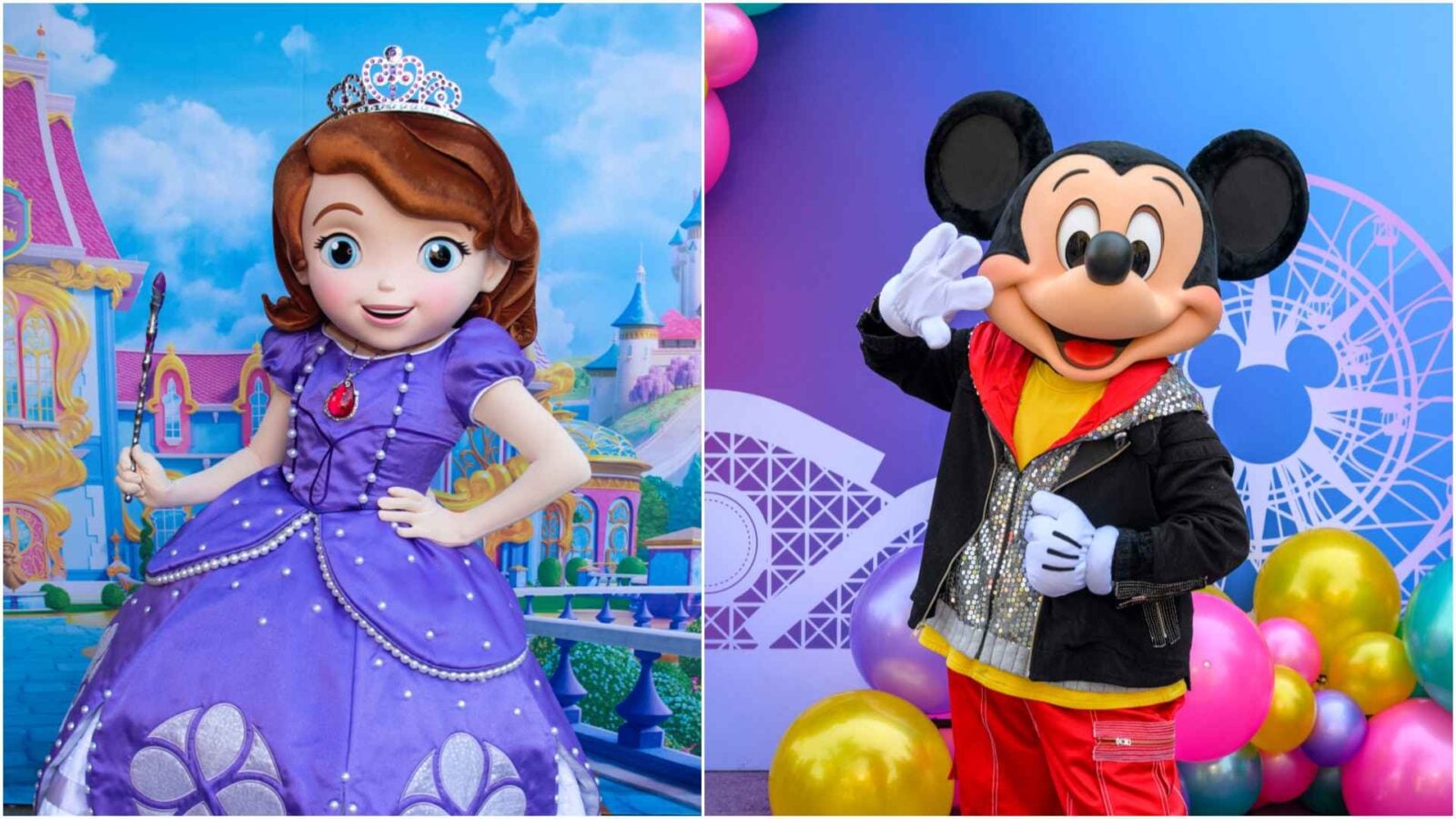 Split image of a girl in a purple princess dress and tiara on the left and Mickey Mouse in a colorful outfit on the right posing at a theme park backdrop with balloons