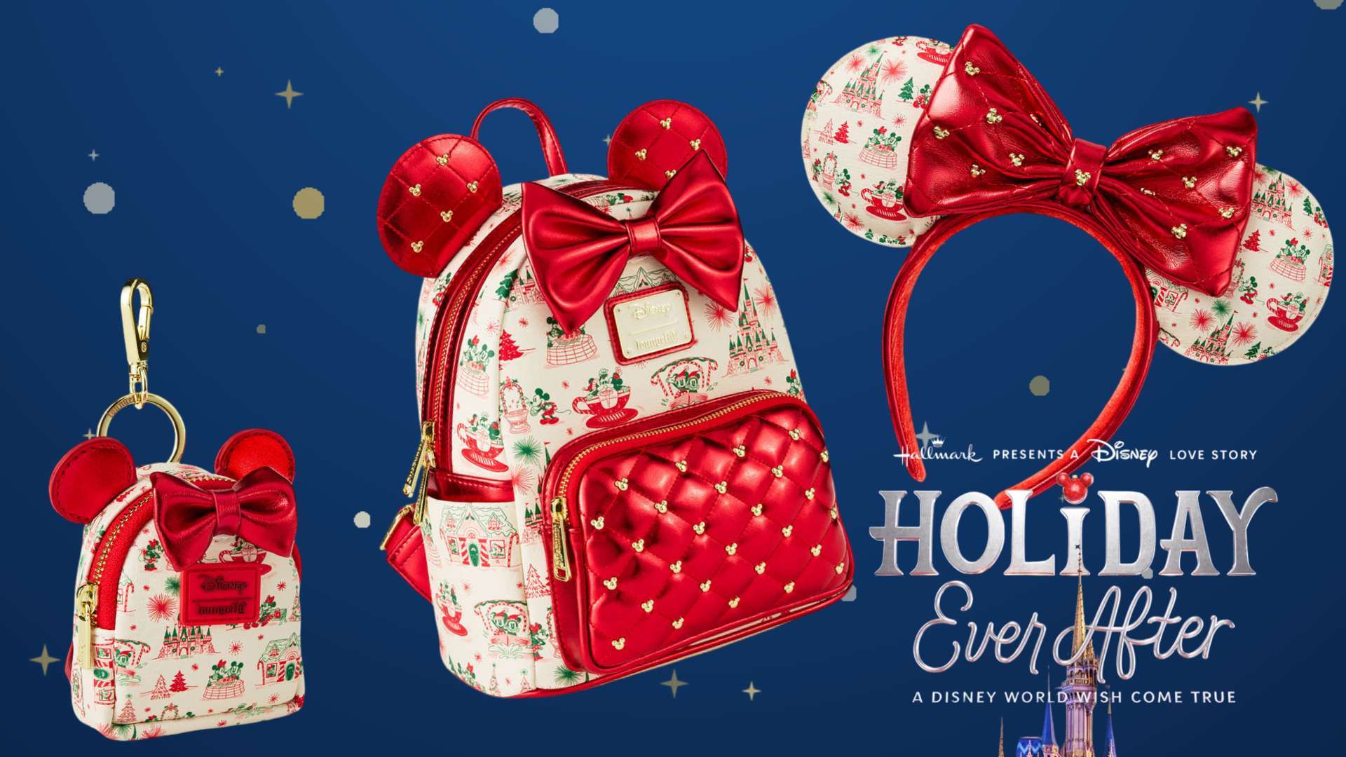 Loungefly Hallmark X Disney Parks 'Holiday Ever After' Minnie Mouse Backpack Bag Charm and Ears