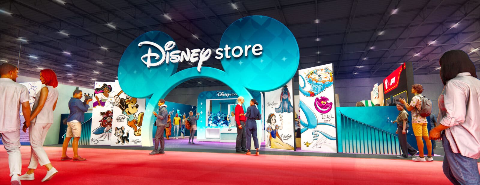 Entrance to a Disney Store booth at a convention with large blue arches and cartoon panels behind informative