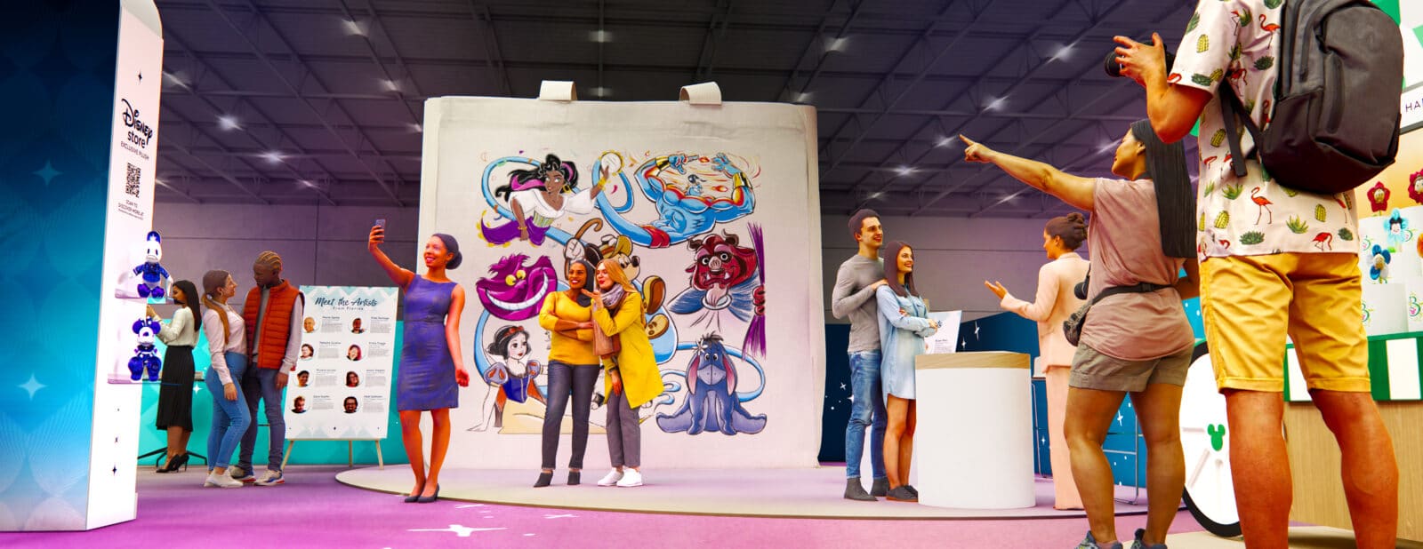 Group of people posing and taking selfies at a convention booth with a large cartoon mural backdrop and a display board nearby
