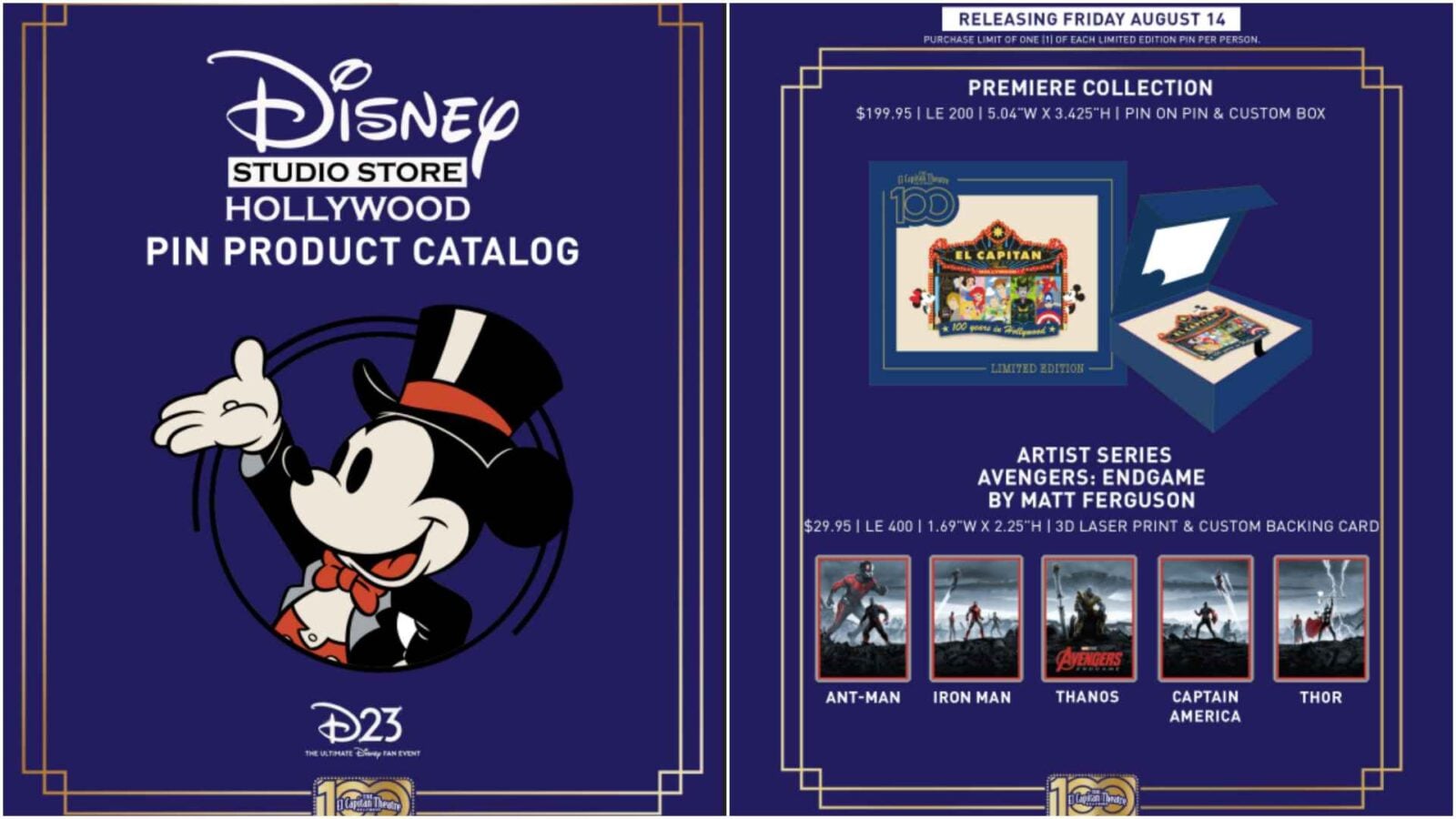 Cover of Disney Studio Store Hollywood Pin Product Catalog featuring Mickey Mouse in a top hat on a blue background with D23 logo