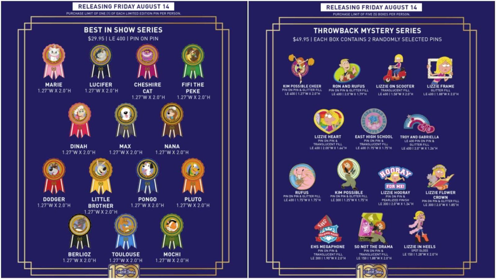 Two panel pin catalog left shows Best in Show pins with animal medals right shows Throwback Mystery pins featuring characters on a blue background