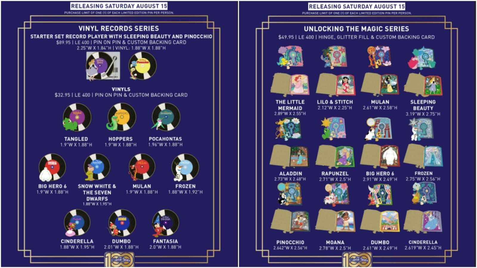 Split promotional poster showing two Disney toy catalogs left panel Vinyl Records Series with a starter set Sleeping Beauty and Pinocchio and rows of Disney vinyls right panel Unlocking the Magic Series with colorful mini card bookscards featuring Disney characters