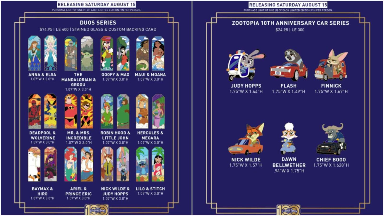 Two framed blue posters left panel shows the Duos Series pin designs of character pairs eg Anna  Elsa Grogu Maui  Moana etc right panel shows the Zootopia 10th Anniversary Car Series with Judy Hopps Flash Finnick Nick Wilde Dawn Bellwether Chief Bogo and others