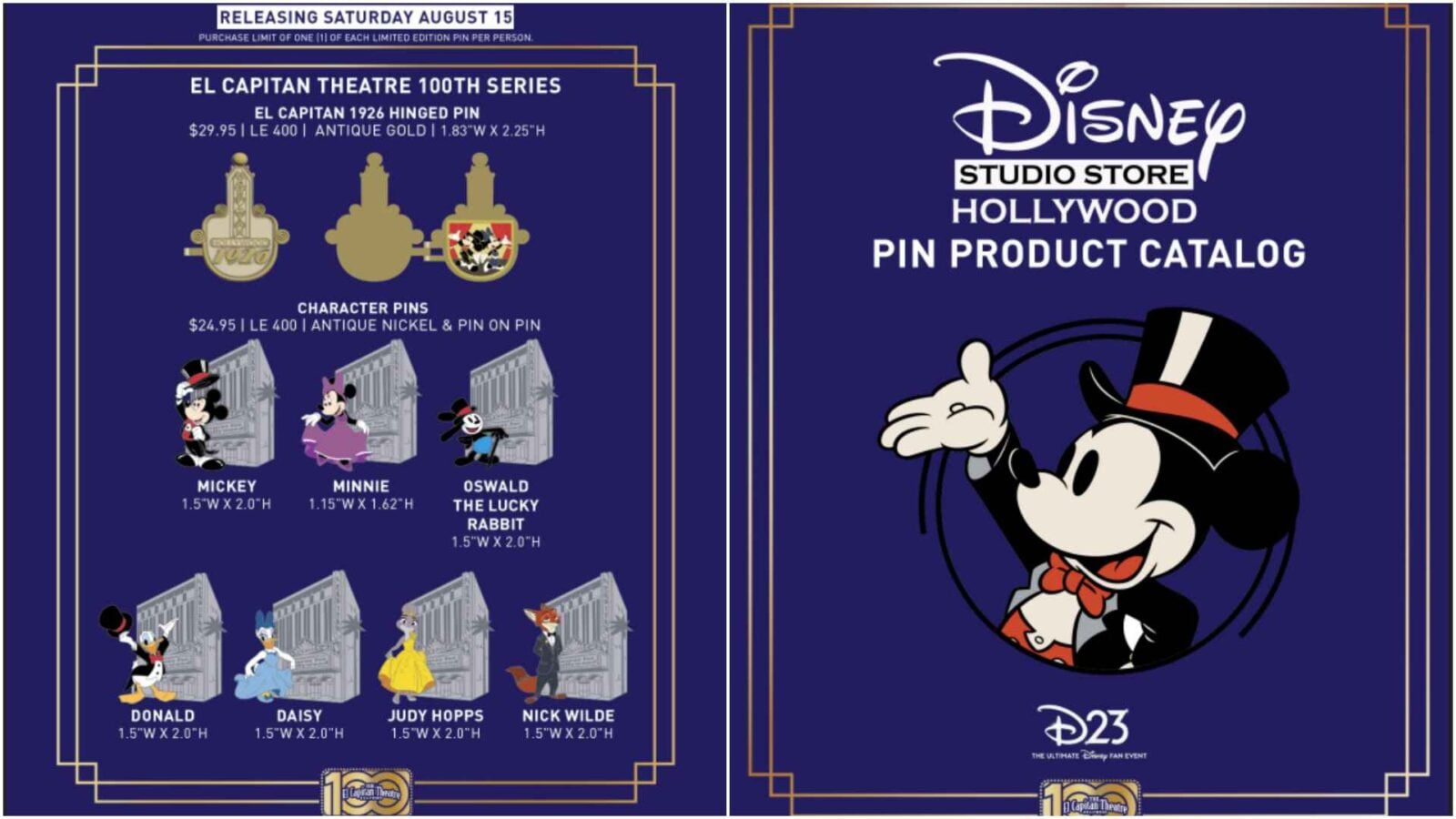 Two page Disney pin catalog spread left lists El Capitan Theatre pins 100th Series hinged pin character pins with sizes right shows Disney Studio Store Hollywood pin catalog cover with a large Mickey image