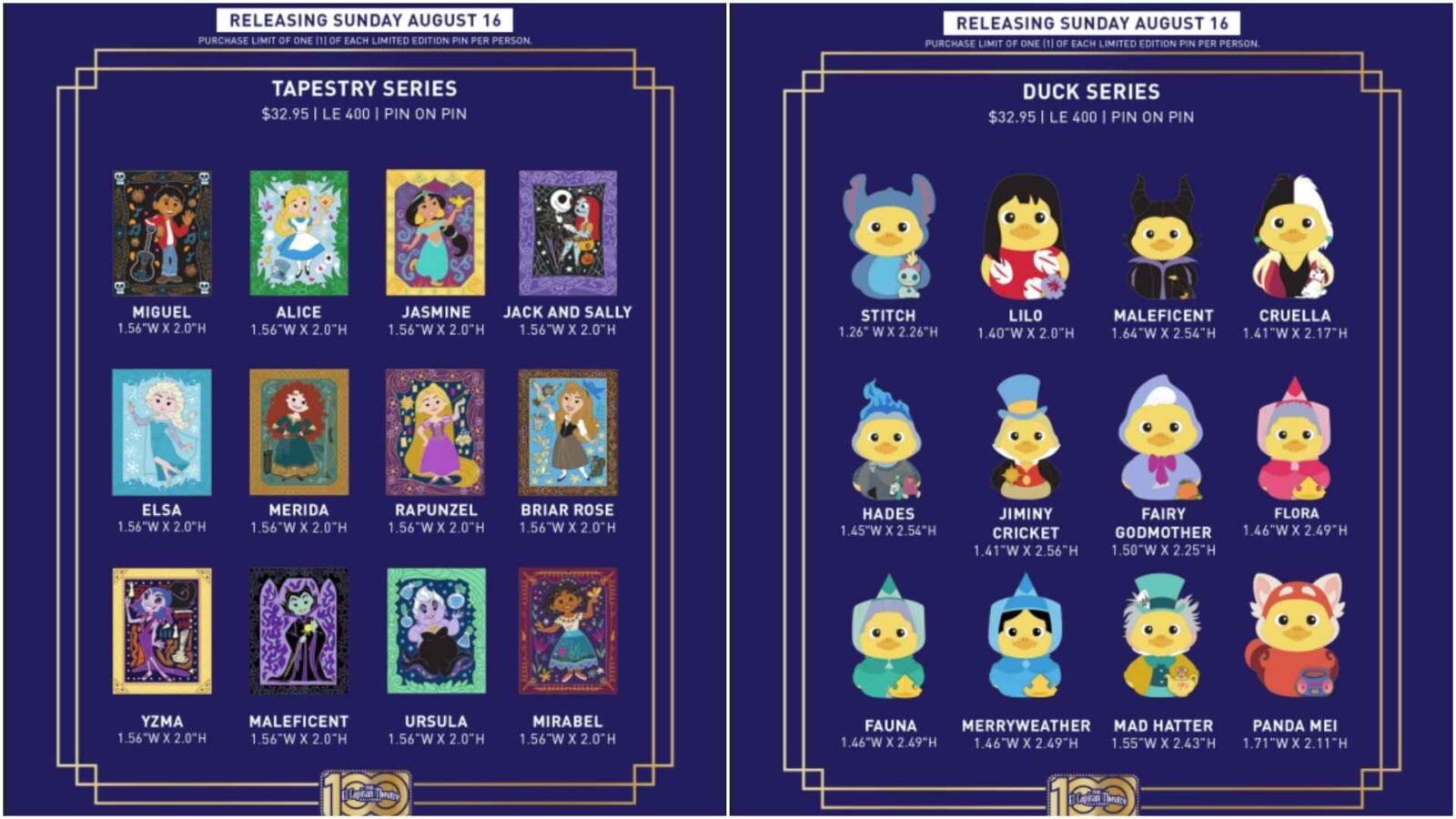 Two side by side pages advertising a character series Tapestry Series on left with character cards Miguel Alice Jasmine Jack and Sally Elsa Merida Rapunzel Briar Rose etc One page shows Duck Series on right with duck characters Stitch Lilo Maleficent Cruella Hades Jiminy Cricket Fairy Godmother Flora etc Shows prices 95 and 1 LE 400 pin on pin