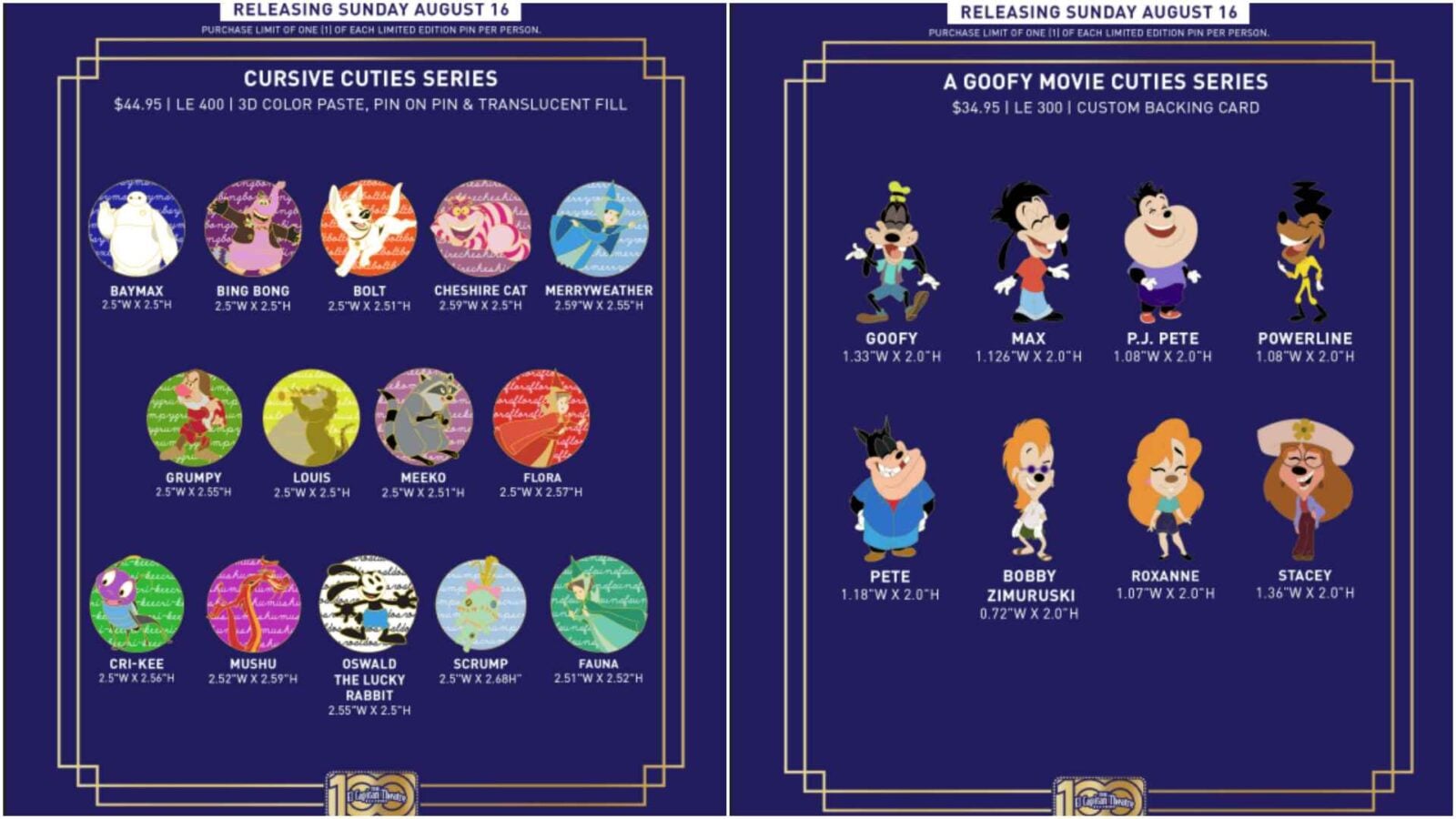 Two navy poster panels advertising pin series Cursive Cuties Series and A Goofy Movie Cuties Series with circular character pins and sizes listed below each name
