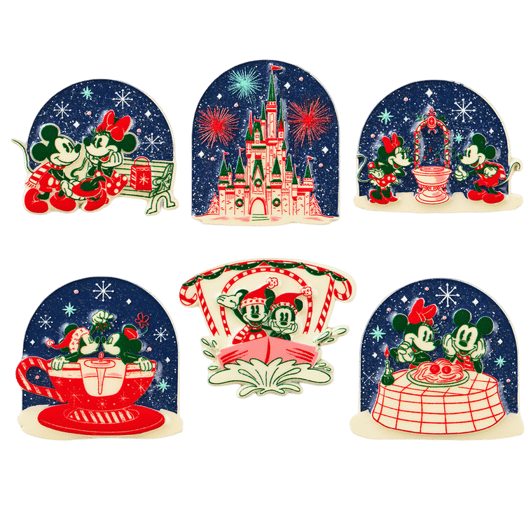 Disney characters Mickey and Minnie sit on a bench inside a snowy globe scene celebrating winter