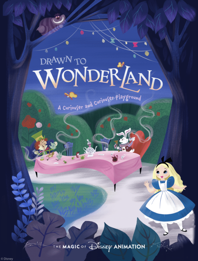 Poster for Drawn to Wonderland a whimsical tea party in a moonlit forest with a girl in a blue dress on the right