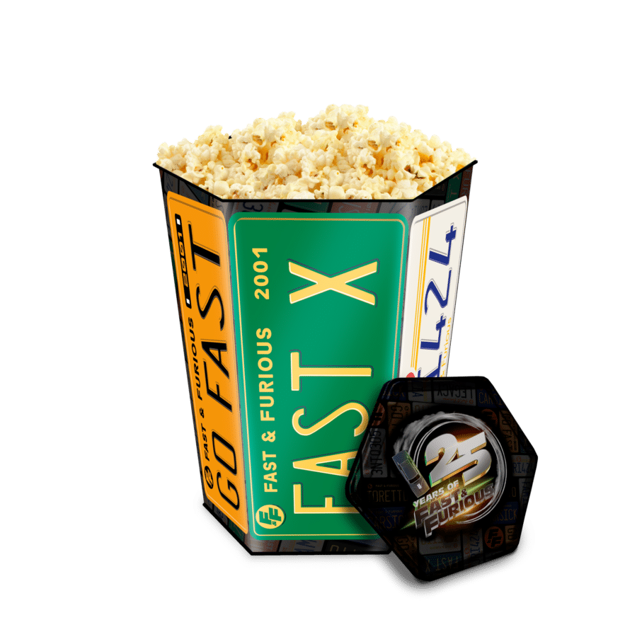 Popcorn overflowing from a colorful Fast  Furiousthemed box with bold movie logos visible on the sides