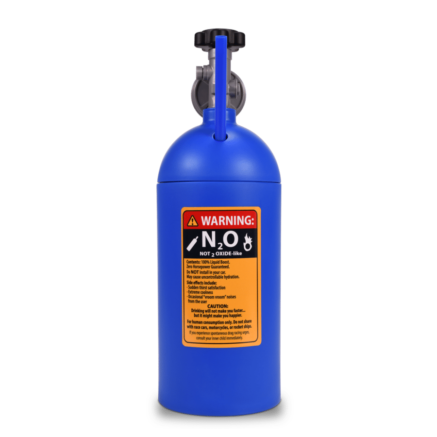Blue gas cylinder with a black valve at the top and an orange warning label on the body